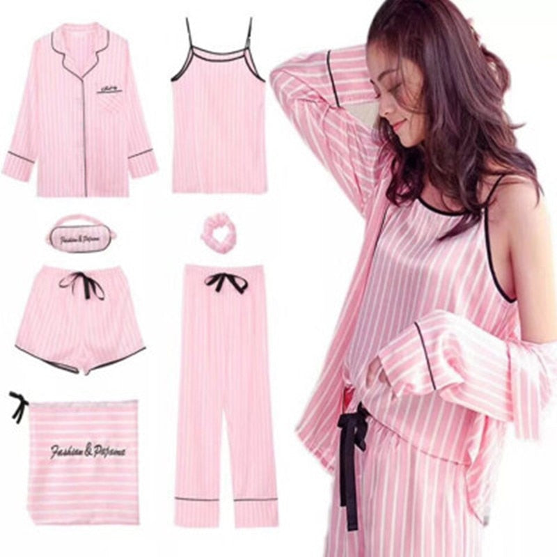 Pijama Cetim Kit 7pcs Listrado - Frete Gartis