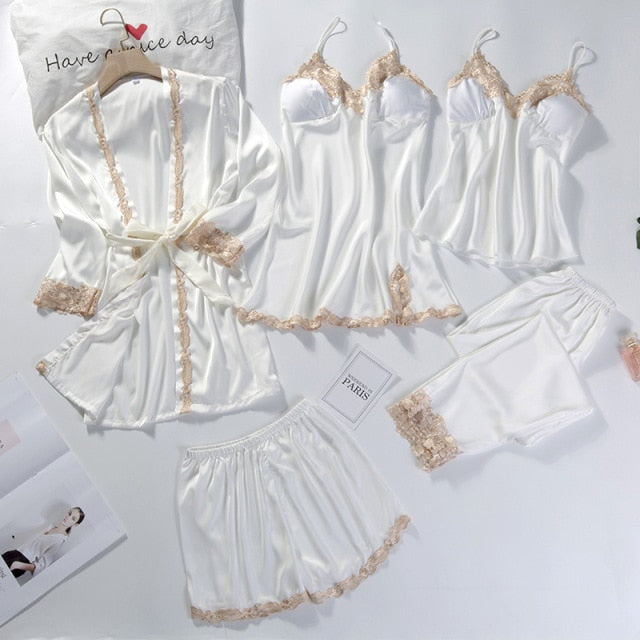 Kit Pijama 5Pcs Rebeca Cetim Sexy - Frete Grátis